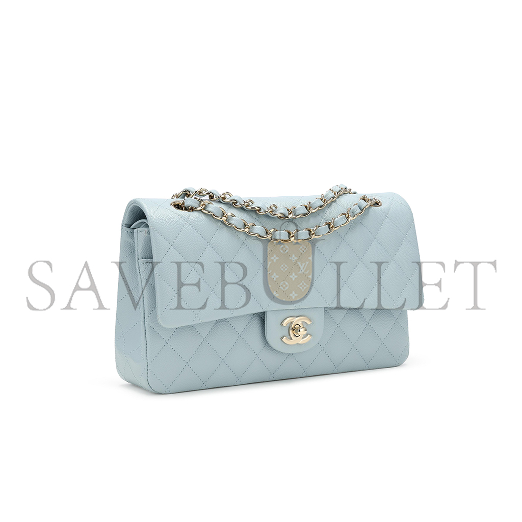 Ch*el medium classic double flap bag blue quilted caviar light gold hardware (25*15*7cm)